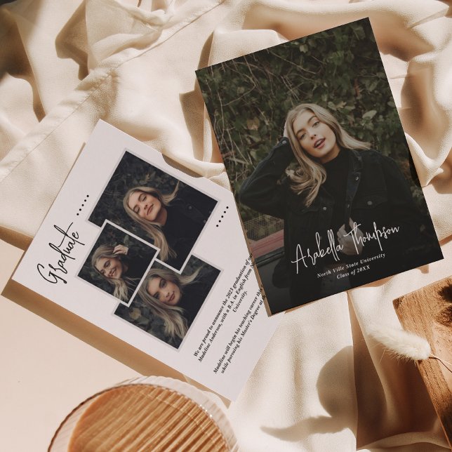 White Fancy Script Photo Collage Graduation Announcement (Creator Uploaded)
