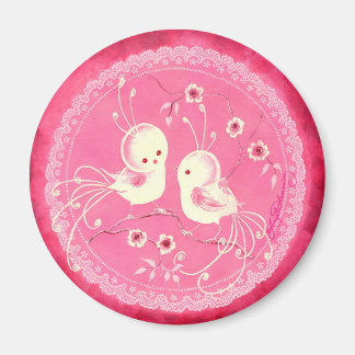 White Fantasy Birds  with Flowers &  Lace Border Magnet