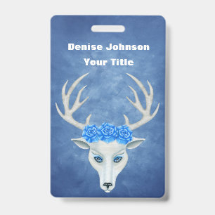 White Fantasy Deer Head Antlers Pretty Roses Blue Badge