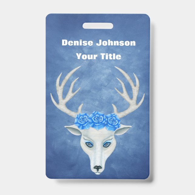 White Fantasy Deer Head Antlers Pretty Roses Blue Badge (Front)