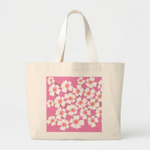White Fantasy Flowers Pattern Pink  Large Tote Bag