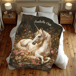 White Fantasy Forest Unicorn Laying in the Flowers Fleece Blanket