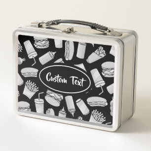 White Fast Food Icons Motif Metal Lunch Box