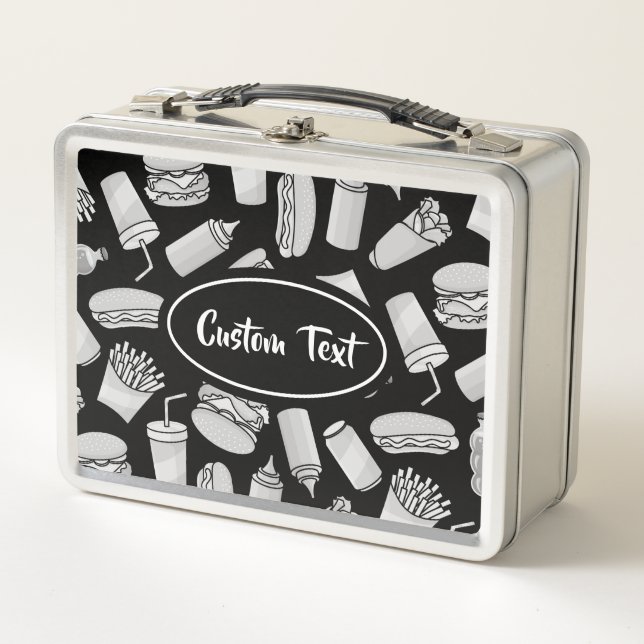 White Fast Food Icons Motif Metal Lunch Box (Devant)