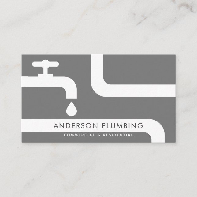White Faucet & Pipes Plumbing Grey Business Card (Front)