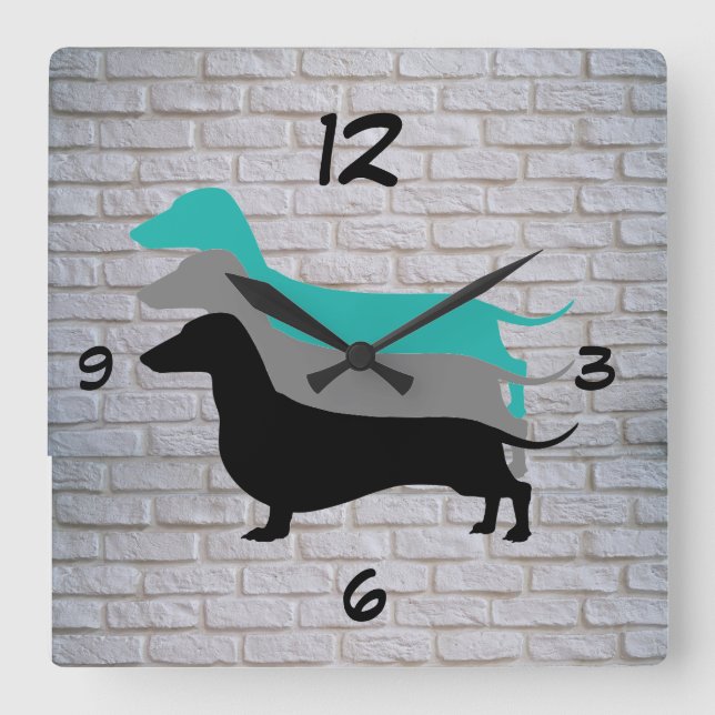 White Faux Brick Dachshund Silhouette Wall Clock (Front)
