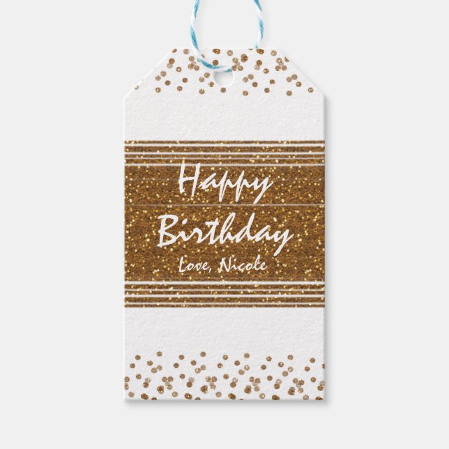 White Faux Brushed Gold Glitter Glamour Gift Tag (Front)