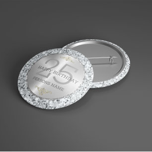 White faux diamonds 25th birthday 4 inch round button