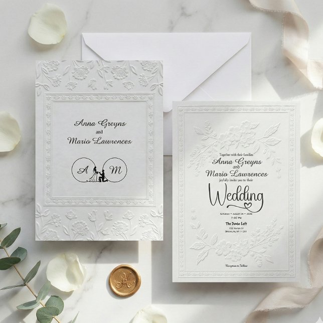 White Faux Embossed Floral Relief Formal Wedding  Invitation (Creator Uploaded)