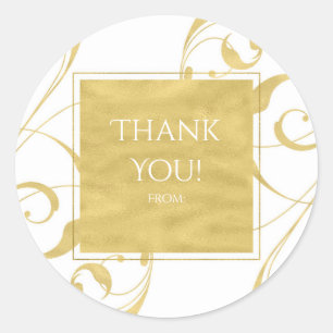White & Faux Gold Floral Swirl Elegant Wedding Classic Round Sticker