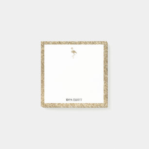 White + Faux Gold Glitter Flamingo & Border, Name Post-it Notes