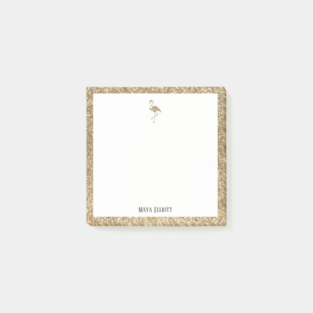 White + Faux Gold Glitter Flamingo & Border, Name Post-it Notes (Front)