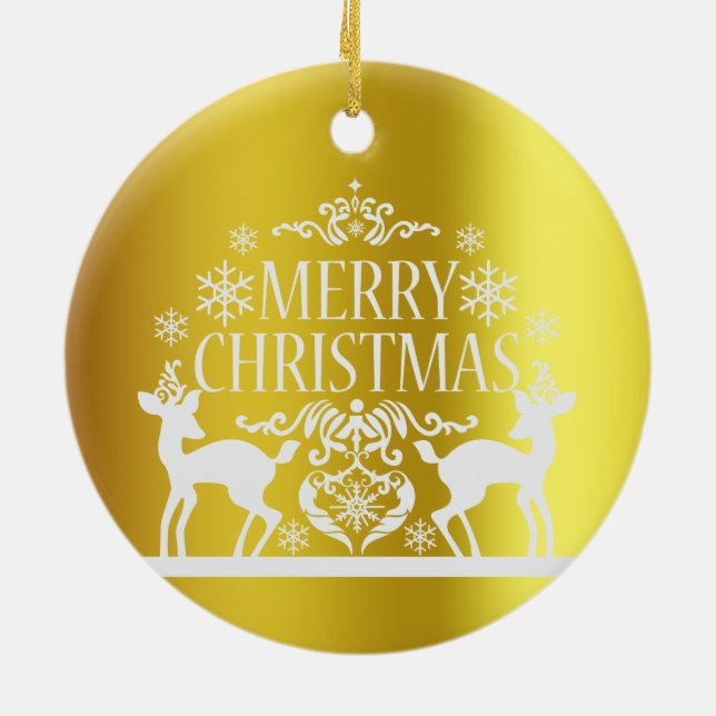 White Faux Gold Merry Christmas Ceramic Ornament (Back)