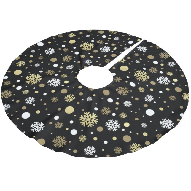 White Faux Gold Snowflakes Polkadots On Black Brushed Polyester Tree Skirt (Angled)