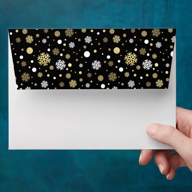 White Faux Gold Snowflakes Polkadots On Black Envelope (Hand)
