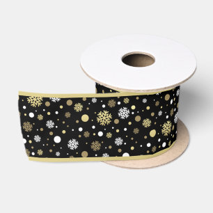 White Faux Gold Snowflakes Polkadots On Black Satin Ribbon