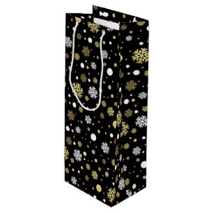 White Faux Gold Snowflakes Polkadots On Black Wine Gift Bag
