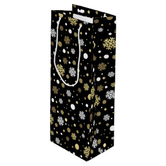 White Faux Gold Snowflakes Polkadots On Black Wine Gift Bag