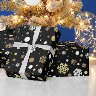 White Faux Gold Snowflakes Polkadots On Black Wrapping Paper
