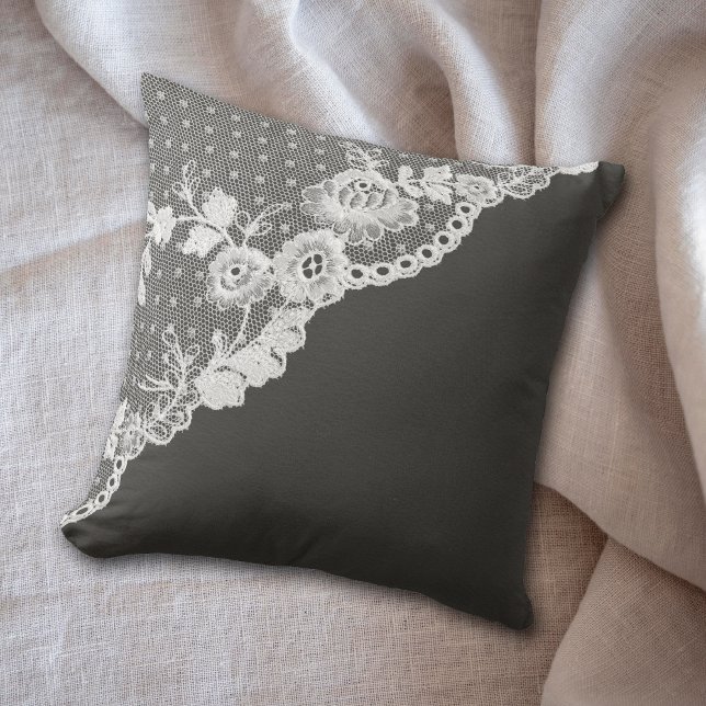 White Faux Lace Corner Charcoal Grey Throw Pillow (Creator Uploaded)