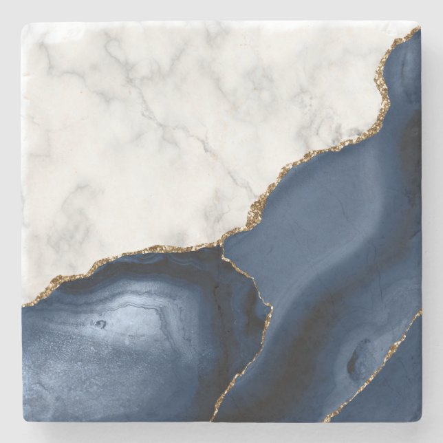 White Faux Marble Gilded Navy Blue Agate Stone Coaster (Front)