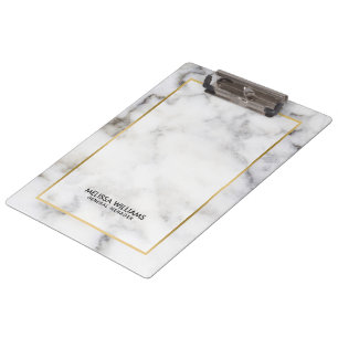 White Faux Marble Gold Border Clipboard
