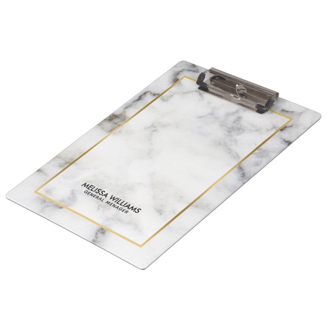 White Faux Marble Gold Border Clipboard (Angled)