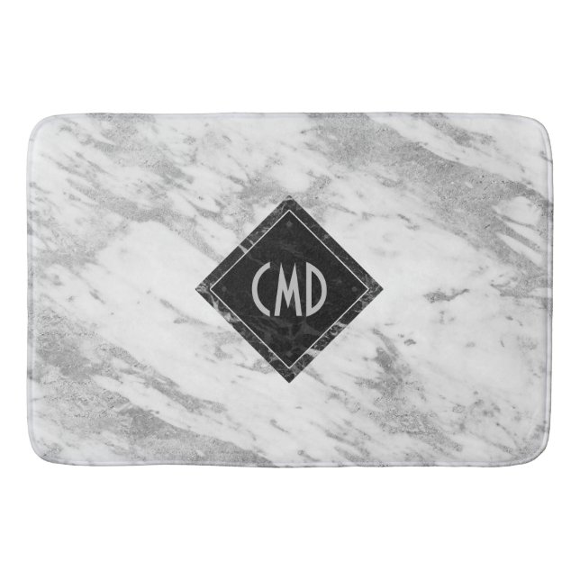 White Faux Marble Monogrammed Bath Mat (Front)