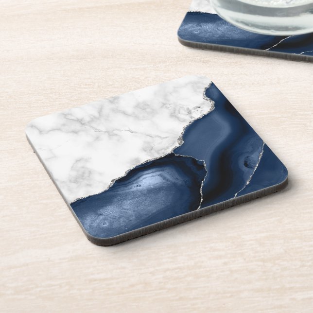 White Faux Marble Navy Blue Agate Silver Glitter Coaster (Left Side)