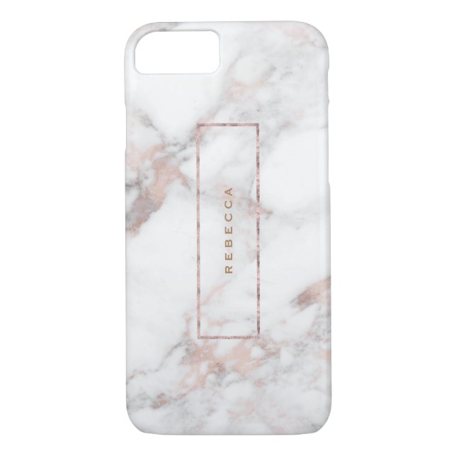 White Faux Marble Rose-Gold Accents Monogram Case-Mate iPhone Case (Back)