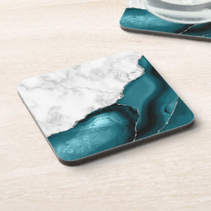 White Faux Marble Silver Glitter Teal Blue Agate Coaster