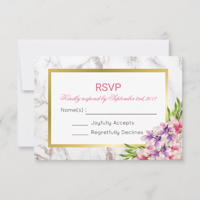 White Faux Marble Texture with Magnolias RSVP Card (Front)