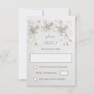 White Faux Paper Cut Roses Wedding RSVP Card