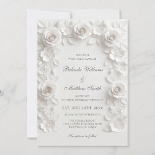 White Faux Relief Roses Baroque Frame Wedding Invitation