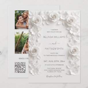 White Faux Relief Roses Frame 3 Photos Wedding Invitation