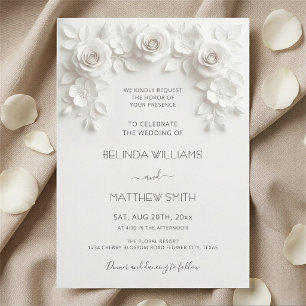 White Faux Relief Roses Frame Wedding Minimalist Invitation