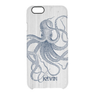 White Faux Wood & Blue Nautical Octopus D3 Clear iPhone 6/6S Case