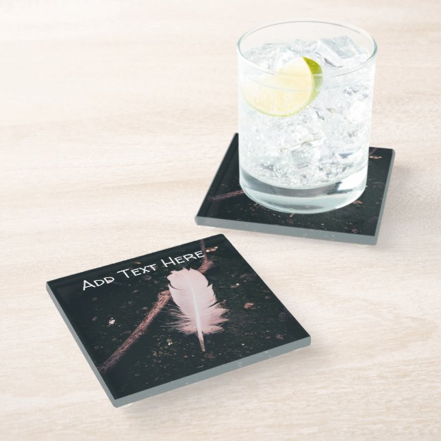 White Feather and Twig on Walking Path Glass Coaster (Angled)