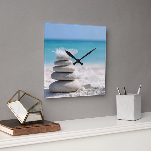 White Feather on a Beach Cairn Square Wall Clock (Office)