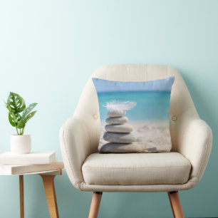 White Feather on a Beach Cairn Throw Pillow