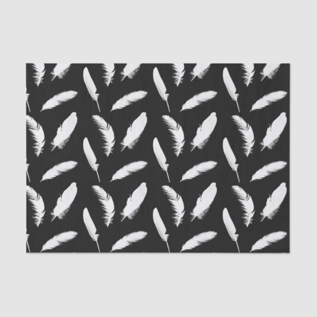 White feather print on black tissue paper (Front)