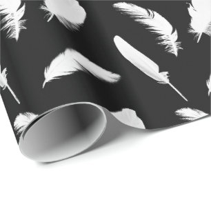 White feather print on black wrapping paper