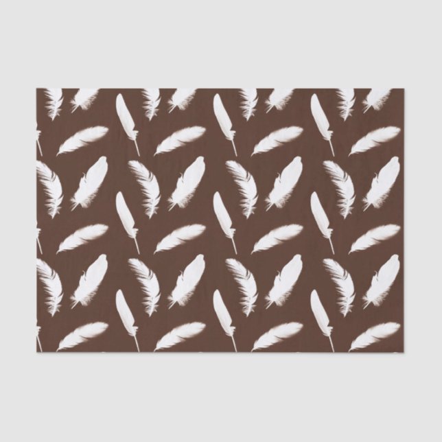 White feather print on chocolate brown tissue paper (Front)