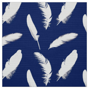 White feather print on dark blue fabric