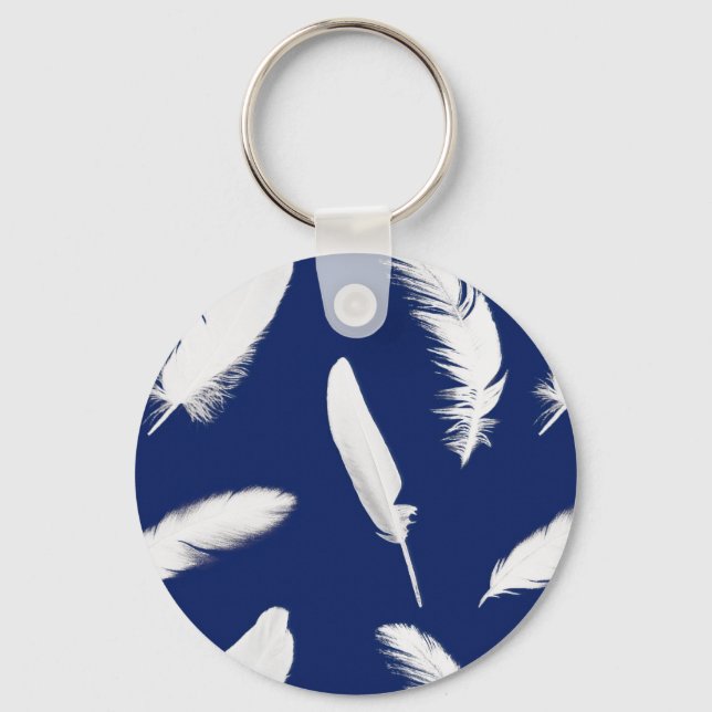 White feather print on dark blue keychain (Front)