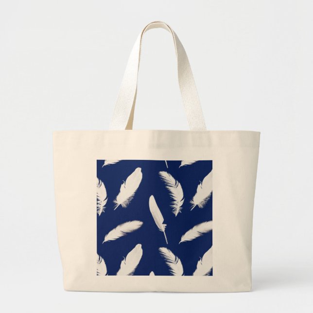 White feather print on dark blue large tote bag (Front)
