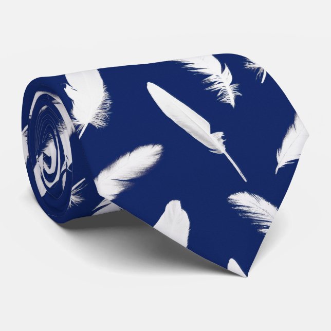 White feather print on dark blue tie (Rolled)