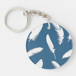 White feather print on denim blue keychain