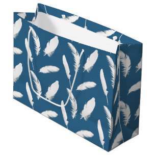White feather print on denim blue large gift bag