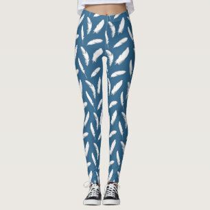 White Feather Print on Denim Blue Leggings